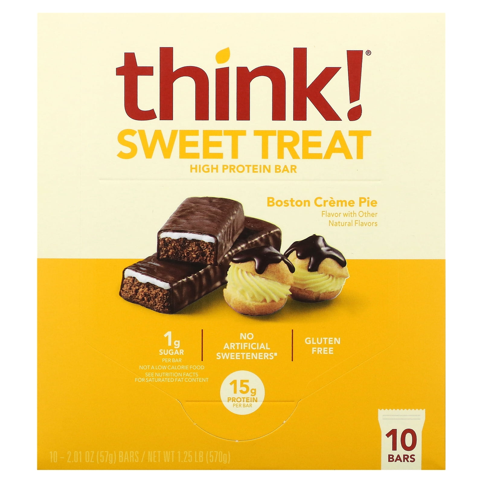 Think ! Sweet Treat, High Protein Bar, Boston Creme Pie, 10 Bars, 2.1 oz (57 g)