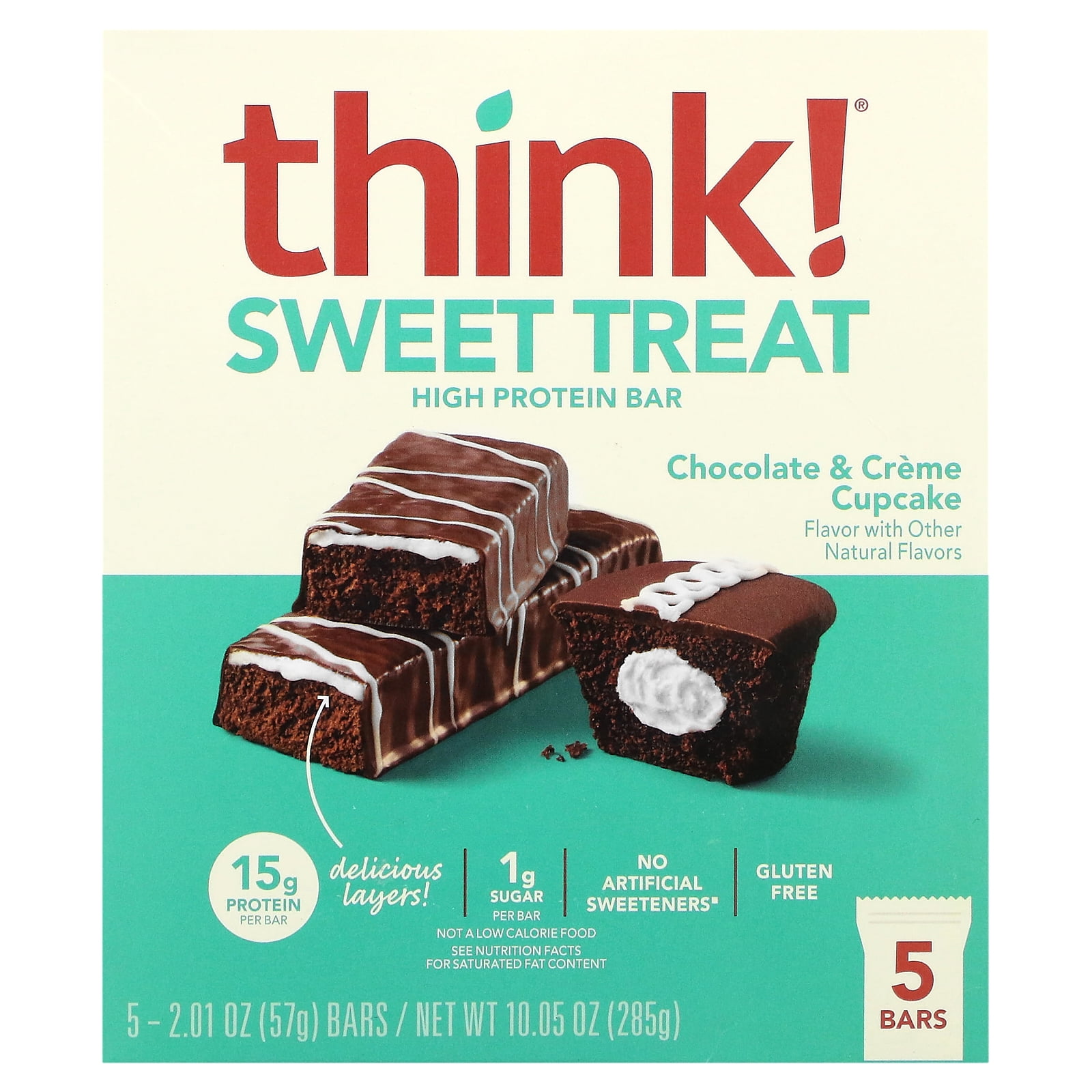 Think ! Sweet Treat, High Protein Bar, Chocolate & Creme Cupcake, 5 Bars, 2.01 oz (57 g)