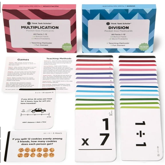 Think Tank Scholar Math Learn Multiplication Division Flash Cards All Facts 1-12 Size 3.7" x 2.5"