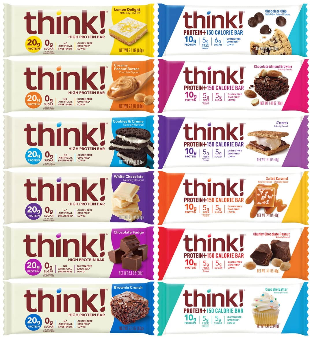 Think! Thin High Protein Bars - Variety Pack, 10-20g Protein, 0-3g Sugar, No Artificial Sweeteners, GMO Free, 2.1-2.2 Oz bar - Assorted Variety