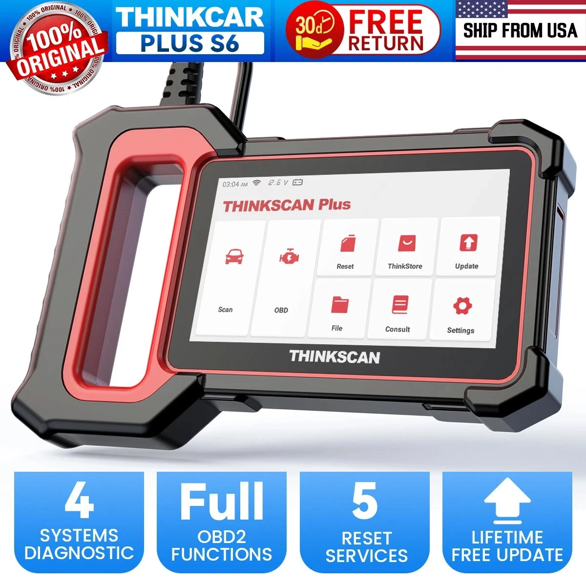 ThinkCar Thinkscan Plus S6 OBD2 Scanner, Automotive ABS SRS AT Engine Diagnosis Diagnostic Tool with 5 Reset Service, EPB/SAS/TPMS/ETS/Oil Reset, Lifetime Free Update