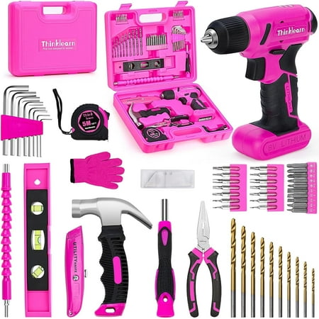 ThinkLearn 64PCS Pink Tool Set with Cordless Drill, 8V Power Drill and Pink Tool Kit for Women, 3/8"Keyless Chuck Electric Screwdriver Driver Kit for Home DIY and Repair