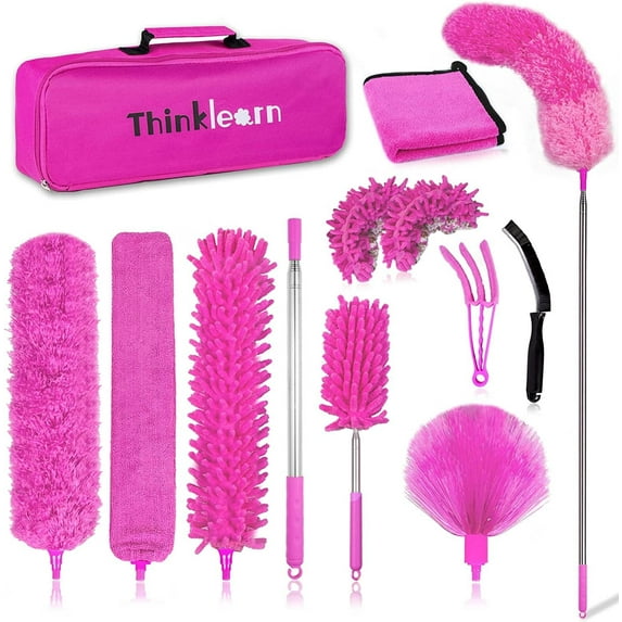 ThinkLearn Microfiber Dusters for Cleaning,14PCS Feather Dusters with Extension Pole,Bendable Washable and Extendable Duster for High Ceilings, Fans and Blinds House Cleaning Kit Pink Gift for Women