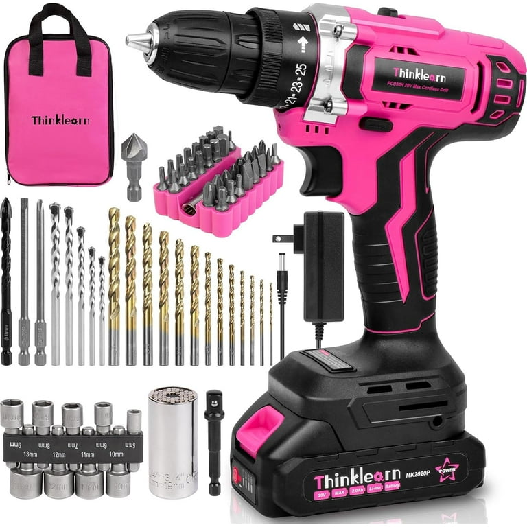 ThinkLearn Pink Cordless Drill Set, 20V Lithium-ion Power Drill