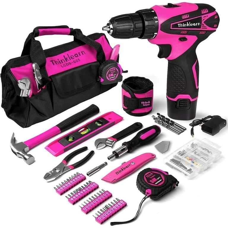 ThinkLearn Pink Drill Set for Women, 137 Piece DIY Tool Kit, 12V