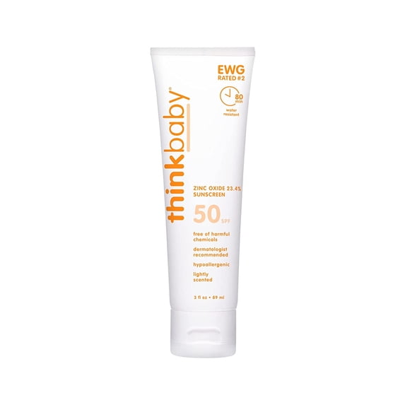 Thinkbaby SPF 50+ Baby Sunscreen – Safe, Natural Sunblock for Babies - Water Resistant Sun Cream – Broad Spectrum UVA/UVB Sun Protection – Vegan Mineral Sun Lotion, 3 Oz.