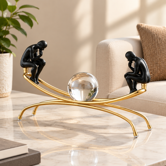 Thinker Statue with Crystal Ball Home and Office Decor Sculpture