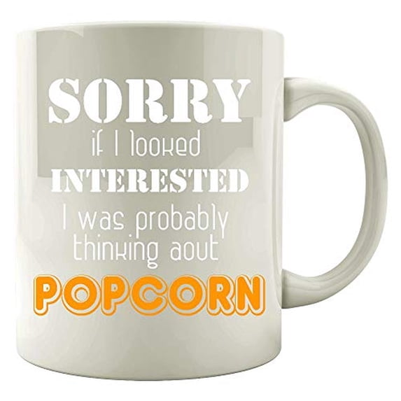 Thinking About Popcorn 11 oz Coffee Mug - Funny Movie Themed Gift White Ceramic