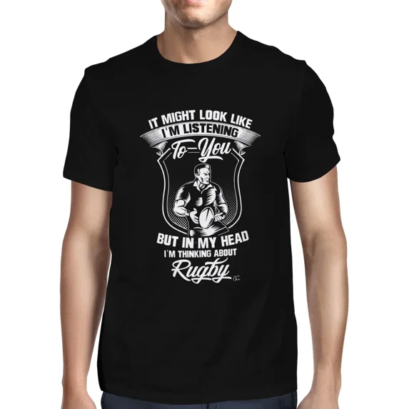 Thinking About Rugby While Listening Funny Sport Mind Humor Unisex T-Shirt up to size 5XL