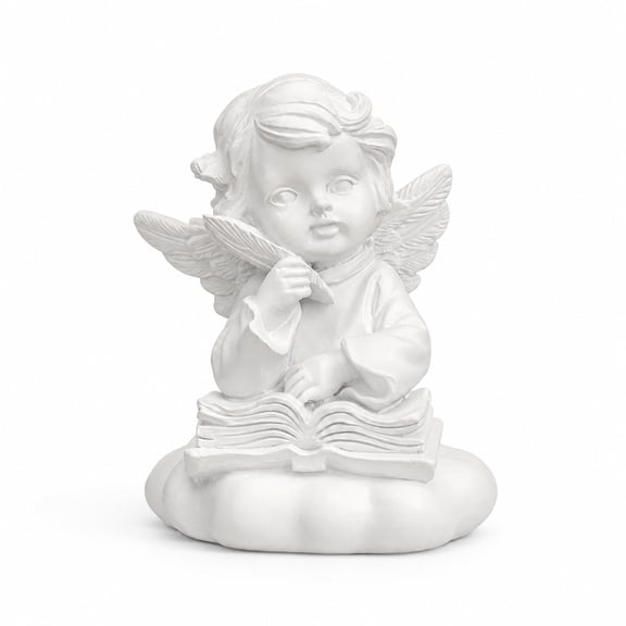 Thinking Angel Figurine, Hand-Painted Resin White Angel Statue Reading Book with Feather for Bookshelf, Living Room, Office Desk and Tabletop Decor