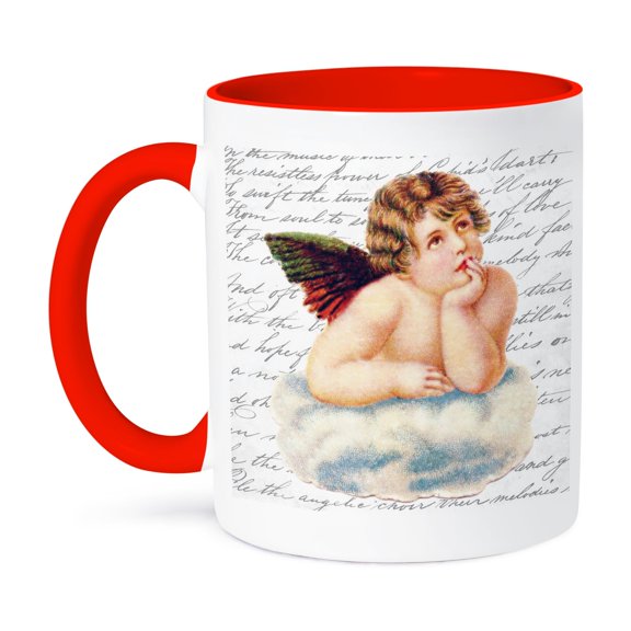 Thinking Cherub - Angel Boy Resting On Heaven Cloud - Cupid Black And White Handwriting Vintage Art, 15oz Two-Tone Red Mug