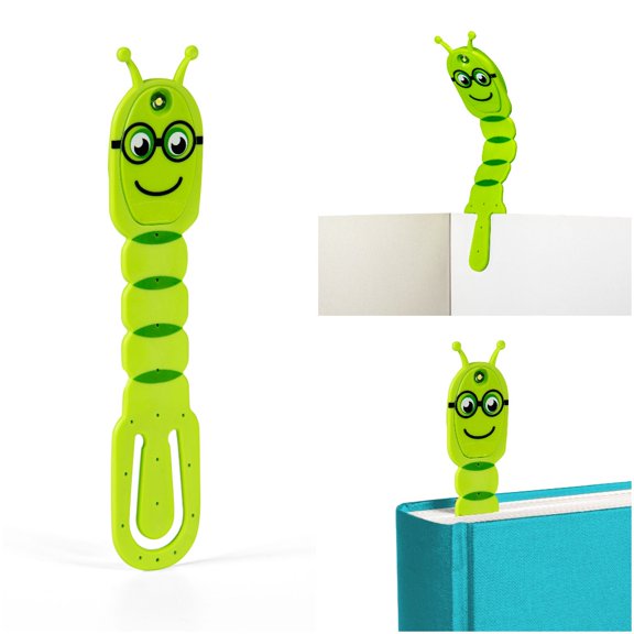 Thinking Gifts Children & Adults Clip-On Book Lights for Reading in Bed, 2-In-1 LED Bookmarks, Bookworm Green