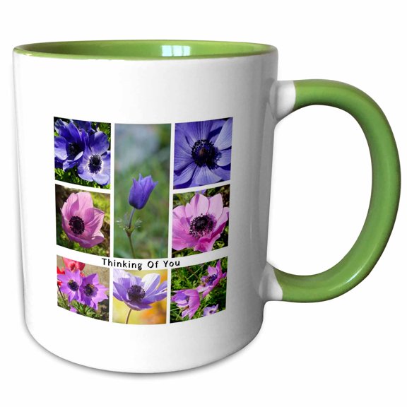 3drose, Thinking of You Anemone Flower Photo Collage, 11oz Two-tone Green Mug