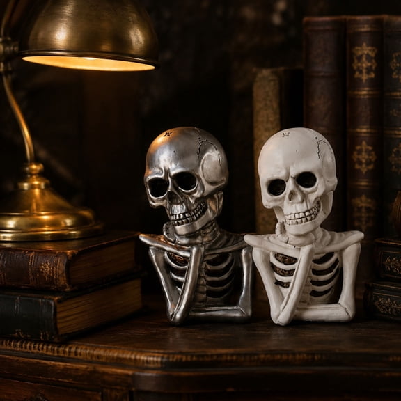 Thinking Skeleton Bust Statue, 7-Inch Resin Gothic Skull Figurine for Halloween Mantel and Table Decor, 2-Pack