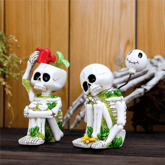 Thinking Skeleton Statue Halloween Decorations, Mini Cute Sitting Skull Figurine, Resin Thinker Sculpture for Outdoor Garden Yard Lawn, 2 pcs