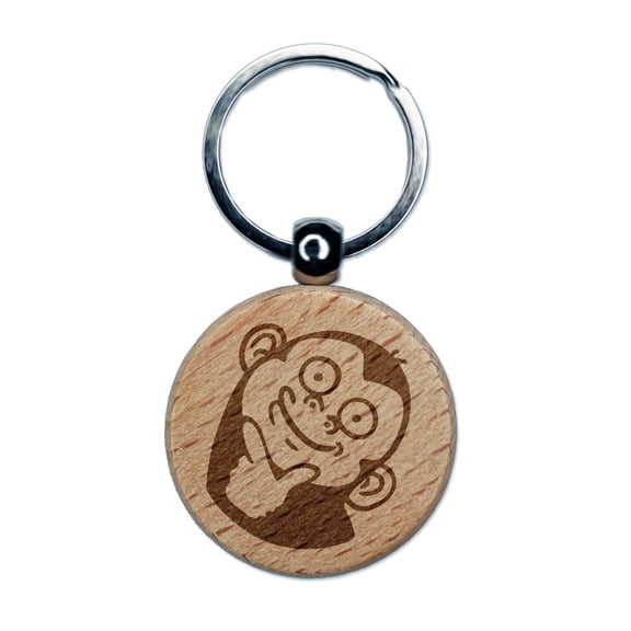 Thinking Staring Monkey Judging Eyes Stare Engraved Wood Round Keychain Tag Charm