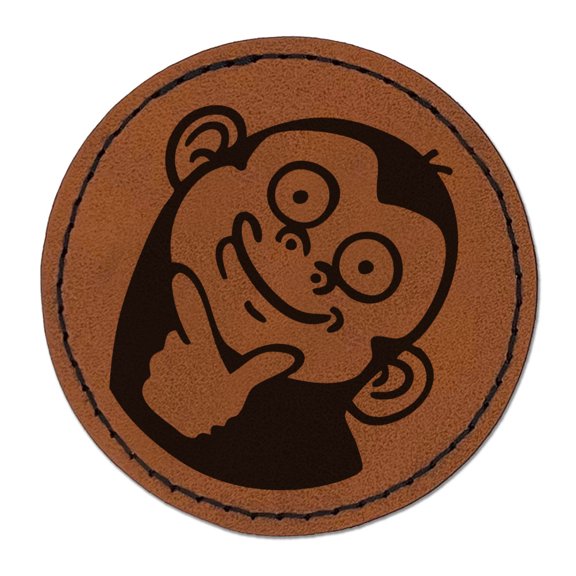 Thinking Staring Monkey Judging Eyes Stare Round Iron-On Engraved Faux Leather Patch Applique - 2.5 Inch - Brown
