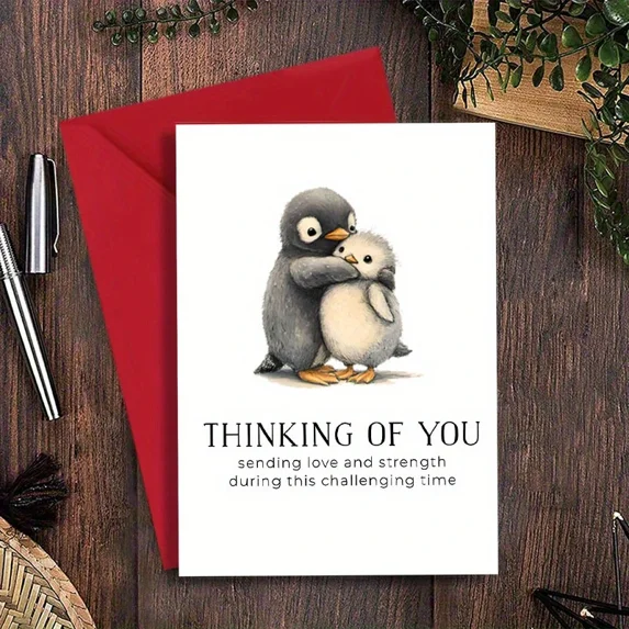 Thinking of You Greeting Card – Heartwarming Penguin Design – Blank Inside for Personal Messages – Includes Red Envelope – Perfect for Sympathy, Support, and Encouragement