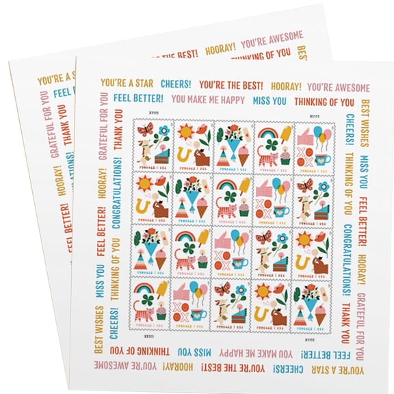 Thinking of You USPS Forever Postage Stamp 2 Sheets of 20 US First Class Letter Card Flower Stickers Birthday Anniversary Wedding Celebrate (40 Stamps)
