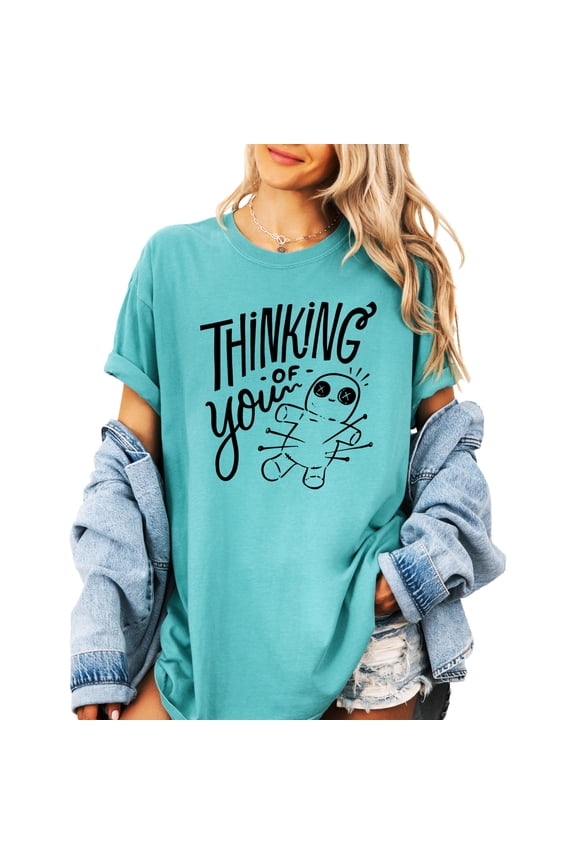 Thinking of You Voodoo Doll Shirt for Women and Teens Funny Witchy Halloween Tee Seafoam Shirt Adult Small