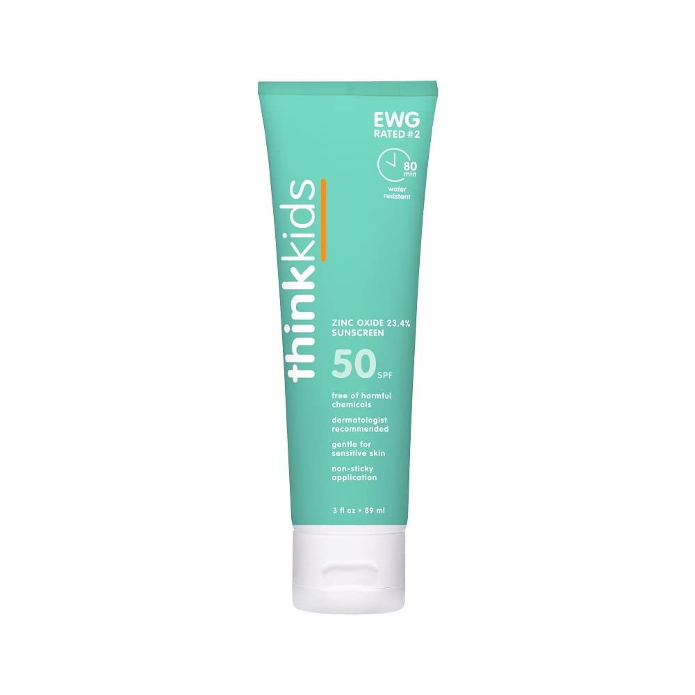Thinkkids Safe Mineral Sunscreen SPF 50+, 3 Fl Oz, Natural, Water Resistant Reef Safe Sunscreen for Children, Vegan Broad Spectrum UVA/UVB Sun Screen
