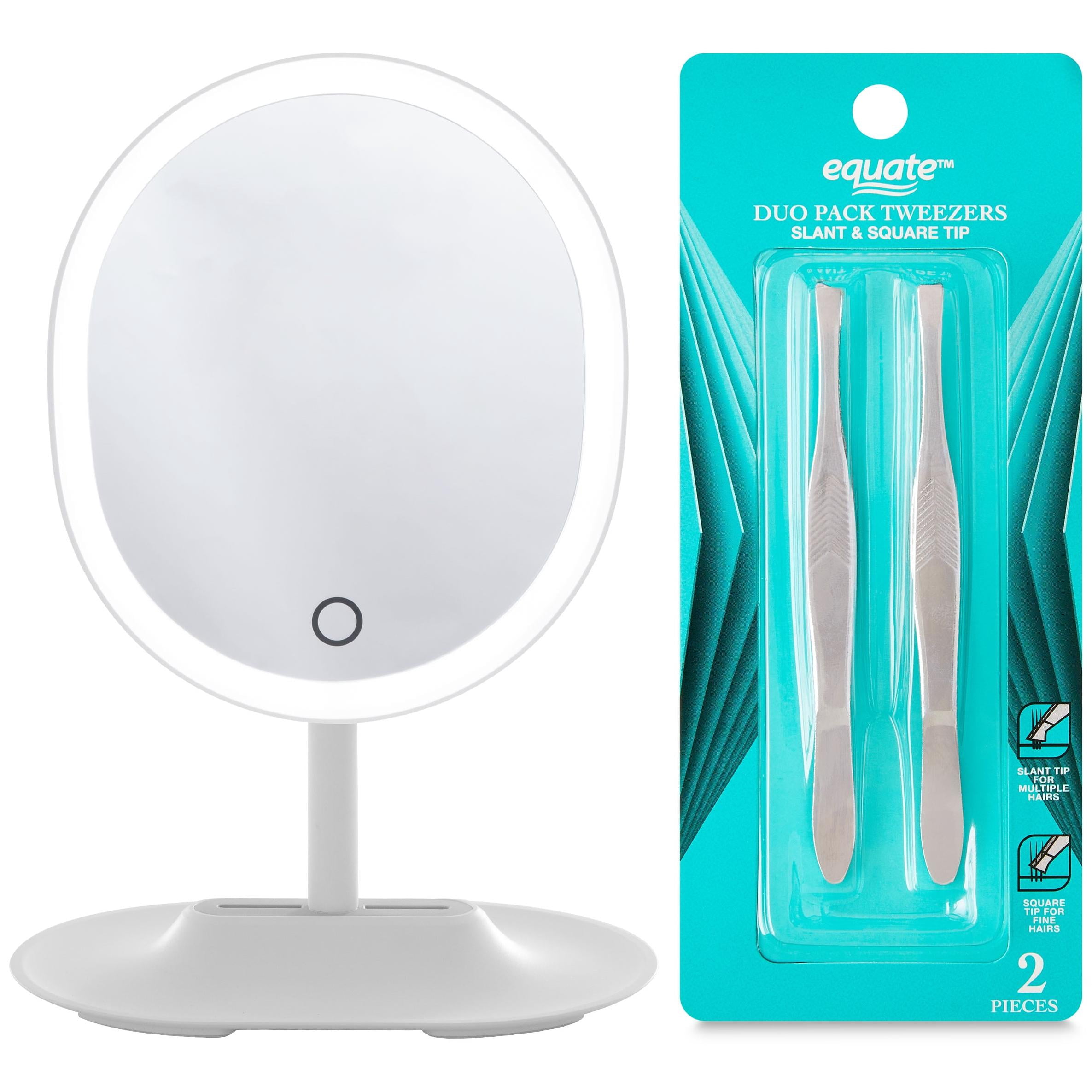 Thinkspace Beauty LED Countertop Mirror and Equate Stainless Steel Tweezer Set Bundle
