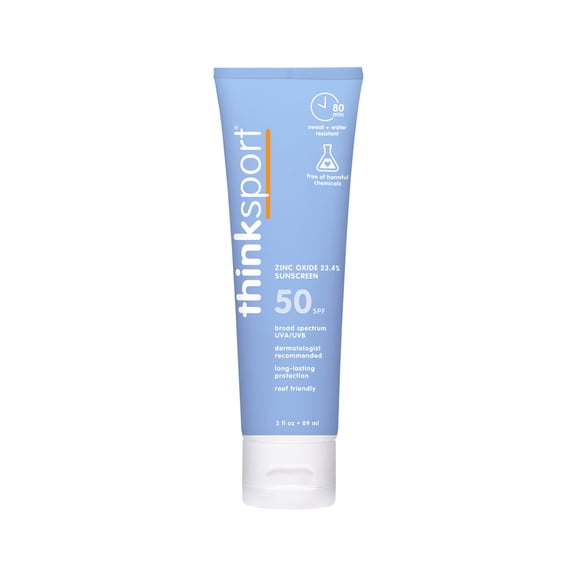 Thinksport SPF 50+ Mineral Sunscreen Safe, Natural Sunblock for Sports & Active Use - Water Resistant Sun Cream UVA/UVB Sun Protection Vegan, Reef Friendly Sun Lotion, 3oz