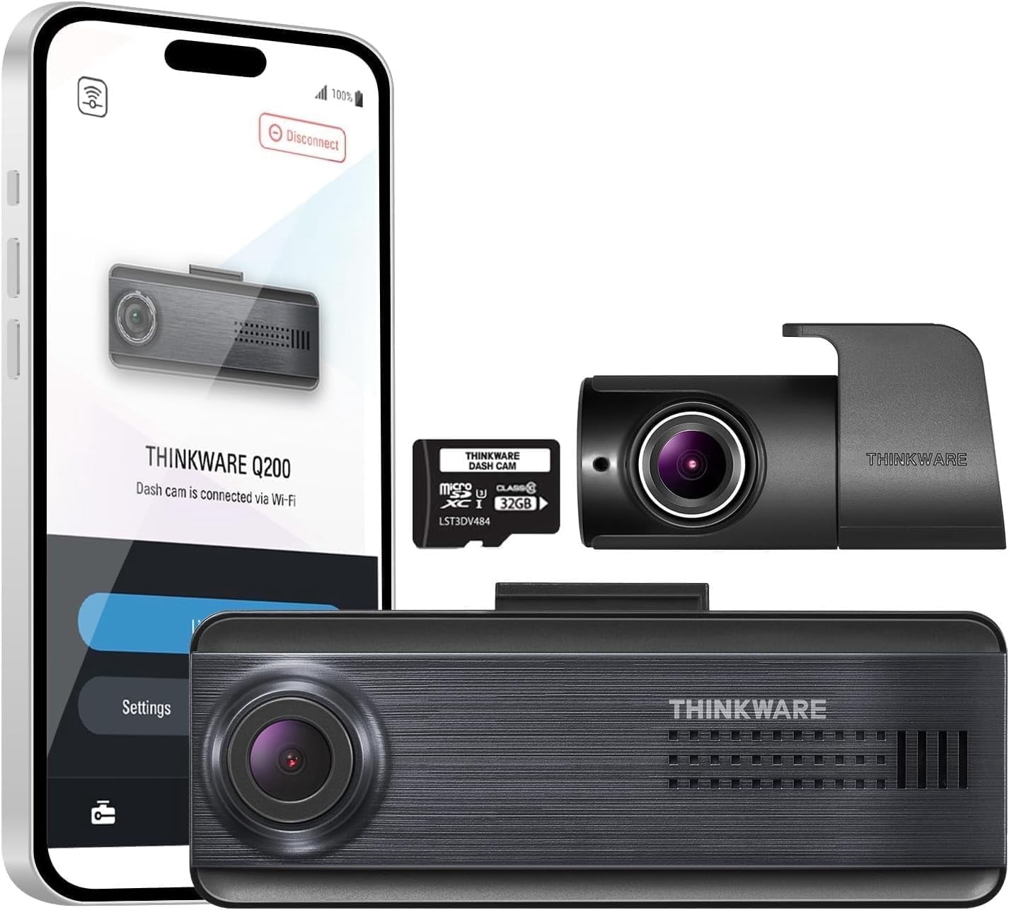 THINKWARE Q200 2CH Front & Rear Dash Cam Car Dashboard Camera, WiFi, WDR, Speed Red Light Alerts, ADAS, 256GB Max, Parking Monitor, Night Vision (32GB MicroSD, 12V Cigar, Hardwiring Cable)