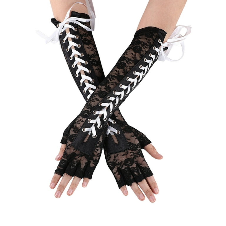 Thinsont Lace Gloves Long Ribbon Elbow Length Half-Finger Hollow