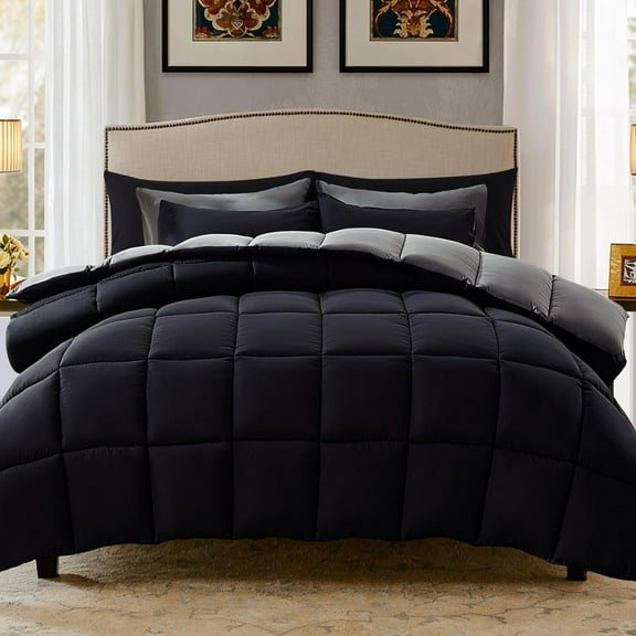 Thinway 2 Pieces Bed In a Bag Comforter Set Duvet Insert, Reversible, Black/Grey, Twin-200GSM, Thicker than the Cheap