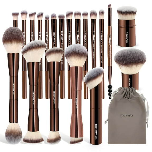 Thinway 20 Pcs Makeup Brushes , Double-End Multi-functional Makeup Brushes for Blending Liquid Powder Concealer Cream Blush Buffe,CoffeeBrown