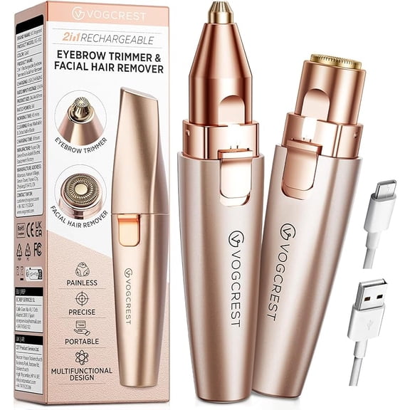 Thinway Eyebrow & Facial Trimmer: 2 in1 Rechargeable Facial Hair Removal & Eyebrow Shaver - Body Razor with Built-in LED Light (Rose Gold)