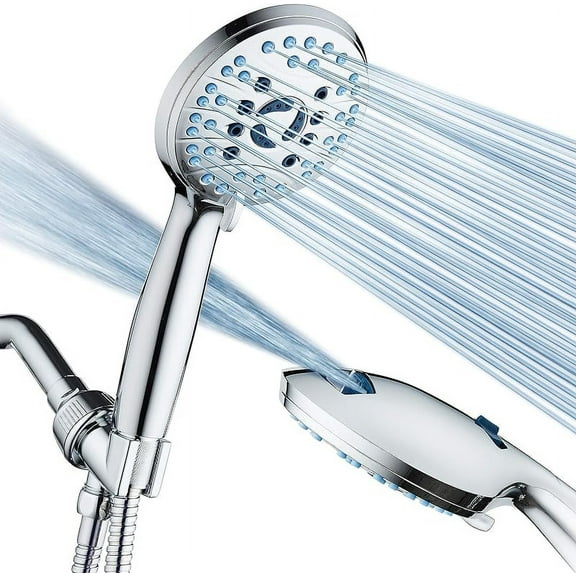 Thinway High Pressure 8-mode Handheld Shower Head - Anti-clog Nozzles, Built-in Power Wash to Clean Tub, Tile & Pets, Extra Long 6 ft. Stainless Steel Hose, Wall & Overhead Brackets
