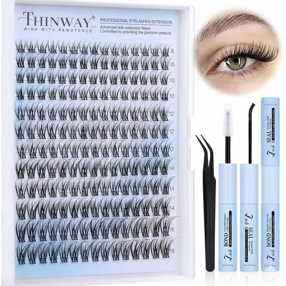 Thinway Lash Clusters Kit Wispy Lash Extension Kit Natural 180pcs Cluster Eyelash Extensions Kit Individual Lashes 8-16mm Eyelash Clusters Kit with Lash Cluster Bond Seal and Lash Tweezers