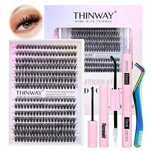 Thinway Lash Extension Kit DIY 280pcs Lash Clusters Eyelash Extension Kit, 9-16mm 30D 40D Individual Lashes Kit with Lash Bond and Seal, Lash Tweezers for Self Use (30D&40D, 0.07D, 9-16mm, Kit)