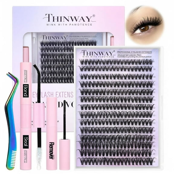 Thinway Lash Extension Kit DIY 280pcs Individual Lash Clusters Kit 9-16mm 40D Cluster Eyelash Extension Kit with Lash Bond and Seal, Lash Remover, Lash Tweezers for Self Use (40D, 9-16mm, All Kit)