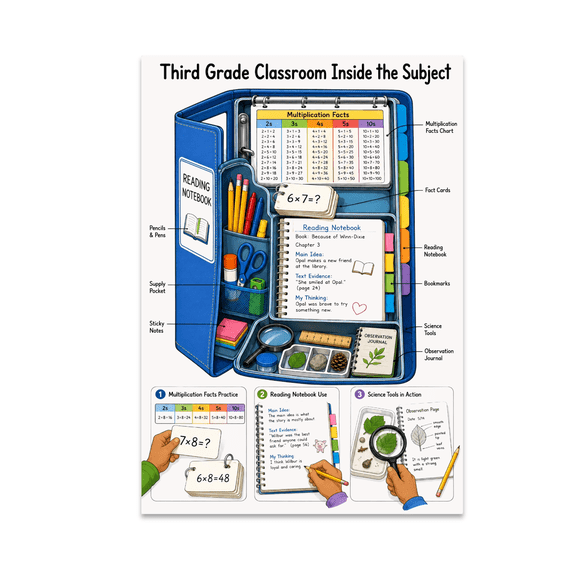 Third Grade Classroom Inside the Subject Poster, Educational Spaces and Teacher Appreciation, 13x19 Glossy Paper
