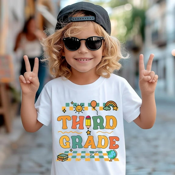 Third Grade Kids T-Shirt - Retro Back to School Graphic Tee for Boys and Girls - 100% Cotton Short Sleeve Shirt