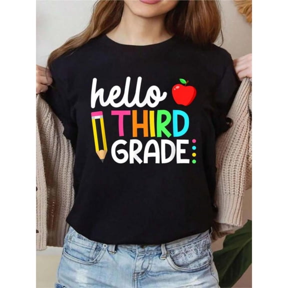 Third Grade - School Graphic Tee, Tops Has "hello THIRD GRADE" Text and School Elements Design, Round Neck Regular Fit T - shirts, Size(S - 5XL)