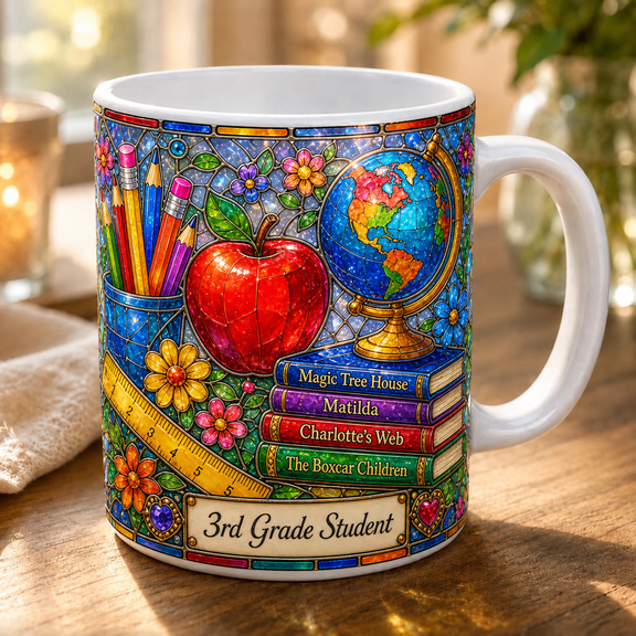 Third Grade Student Mug, Stained Glass Classroom Coffee Cup Back to School Gift