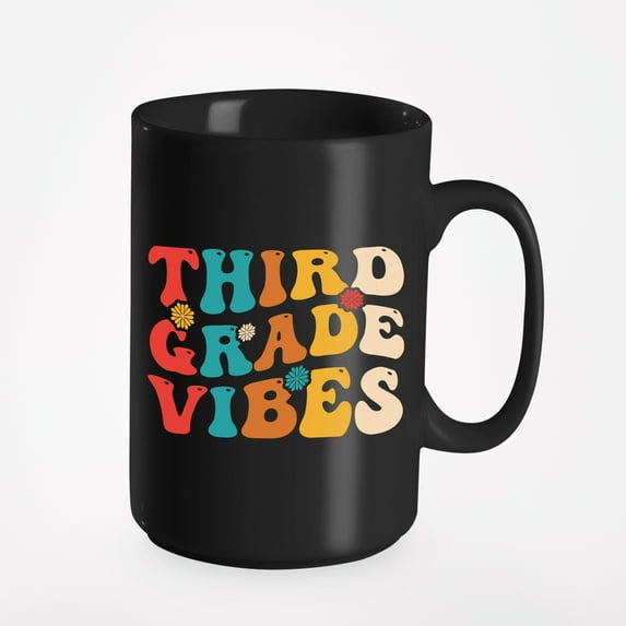 Third Grade Vibes, Elementary School Teacher Quote, Groovy Retro Wavy Text Merch Gift, Black 15oz Ceramic Mug