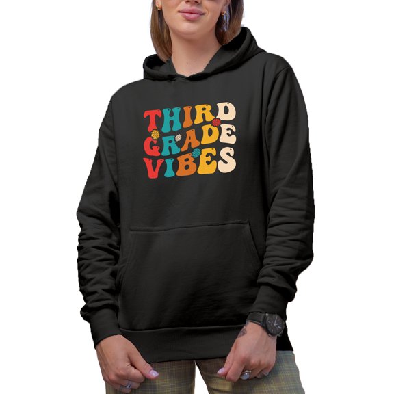 Third Grade Vibes, Elementary School Teacher Quote, Groovy Retro Wavy Text Merch Gift, Black Hooded Sweatshirt or Hoodie, 3XL