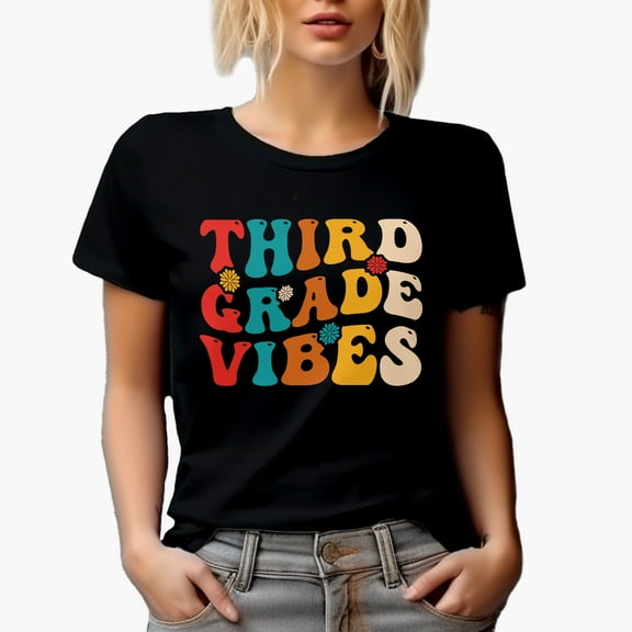 Third Grade Vibes, Elementary School Teacher Quote, Groovy Retro Wavy Text Merch Gift, Black T-Shirt, Large
