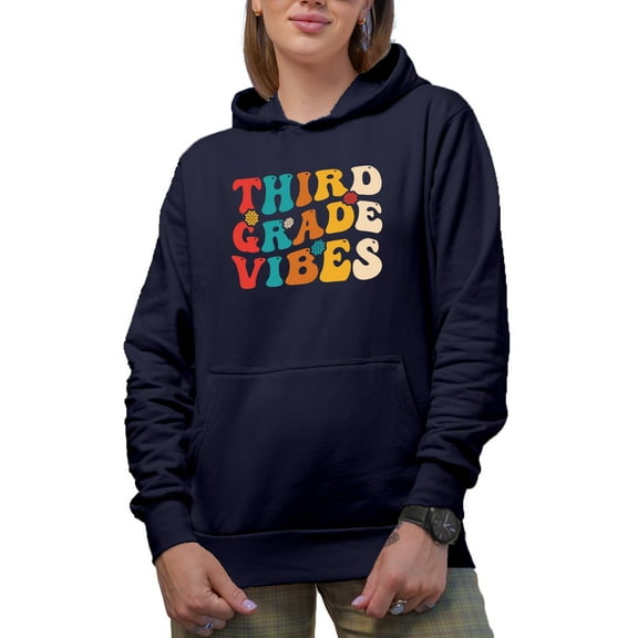 Third Grade Vibes, Elementary School Teacher Quote, Groovy Retro Wavy Text Merch Gift, Navy Blue Hooded Sweatshirt or Hoodie, Large