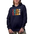 thumbnail image 1 of Third Grade Vibes, Elementary School Teacher Quote, Groovy Retro Wavy Text Merch Gift, Navy Blue Hooded Sweatshirt or Hoodie, XL, 1 of 5