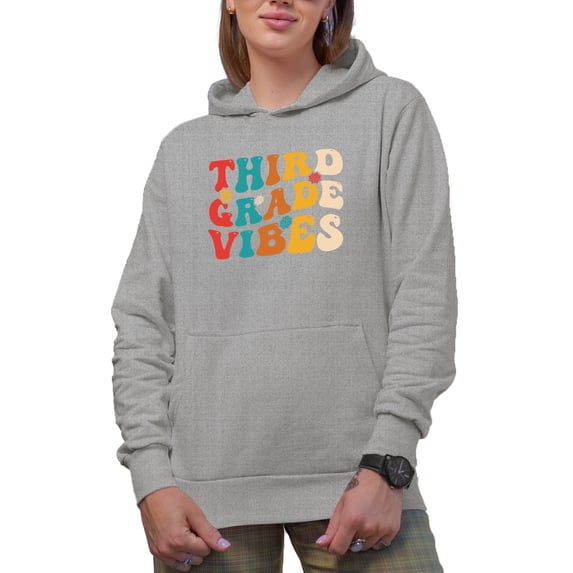 Third Grade Vibes, Quote for Elementary School Teachers, Groovy Retro Wavy Text Merch Gift, Heather Grey Hooded Sweatshirt or Hoodie, 3XL