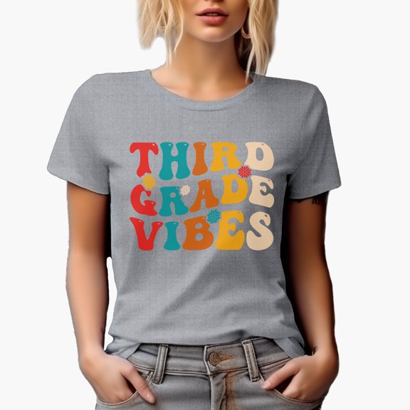 Third Grade Vibes, Quote for Elementary School Teachers, Groovy Retro Wavy Text Merch Gift, Heather Grey T-Shirt, 3XL