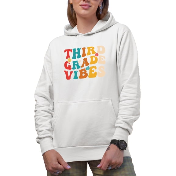 Third Grade Vibes, Quote for Elementary School Teachers, Groovy Retro Wavy Text Merch Gift, White Hooded Sweatshirt or Hoodie, Medium