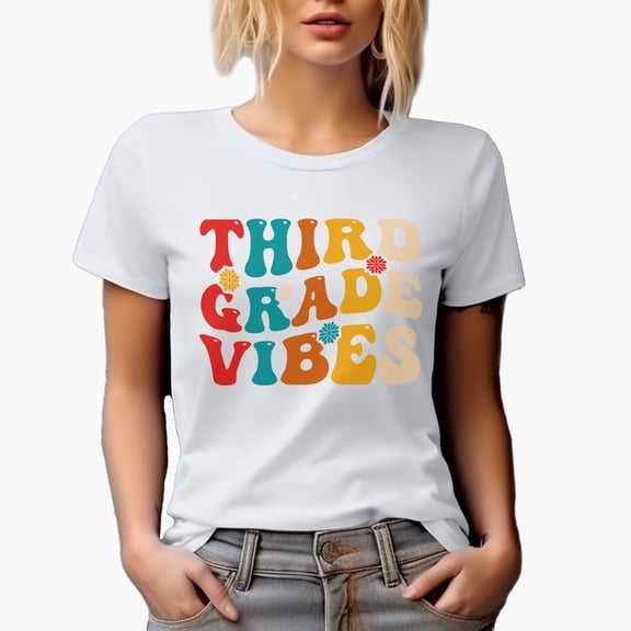 Third Grade Vibes, Quote for Elementary School Teachers, Groovy Retro Wavy Text Merch Gift, White T-Shirt, 3XL