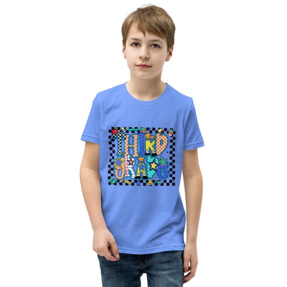 Third Grade Youth Short Sleeve T-Shirt Back to School, 3rd Grade First Day of School Tee for Boys (Heather Columbia Blue, S)